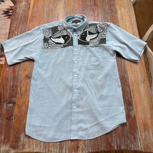 Piatelli Vintage Nola Style Fish Motif Shirt Large Blue Green